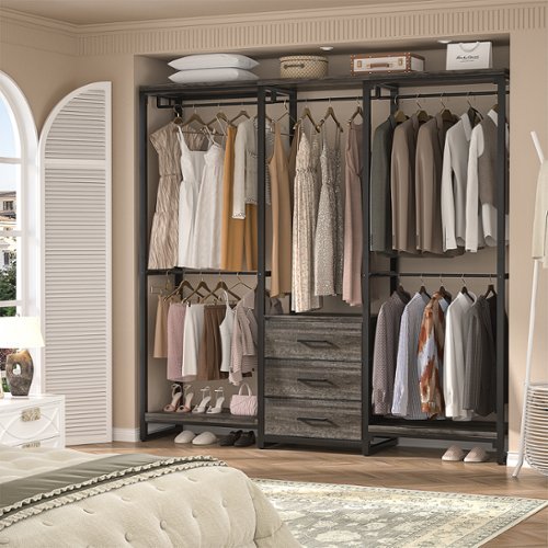 Aheaplus - Sturdy Metal Garment Rack with 3 Fabric Drawers, Wall Mounted Clothing Rack with 5 Hanging Rods & Storage Shelves - Gray Oak-Front_Standard 