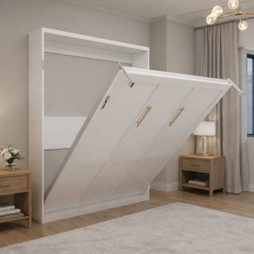 Anysun - Queen Murphy Wall Bed - Vertical Folding Design, Space-Saving Standard Bed Frame for Living Room - White-Front_Standard 