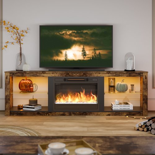 Bestier 70-Inch LED TV Stand with Tempered Glass Shelves and Open Cabinet - Balck