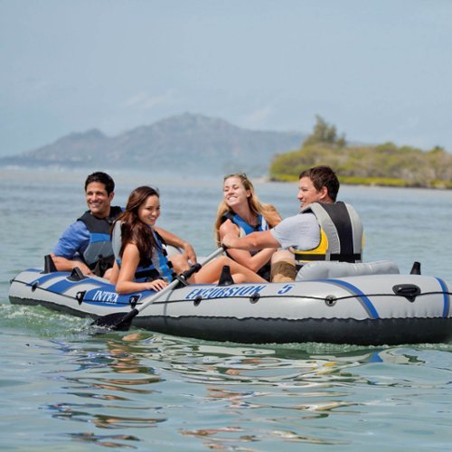  Intex - Inflatable 5 Person Water Fishing River Boat Raft Set with Oars - White