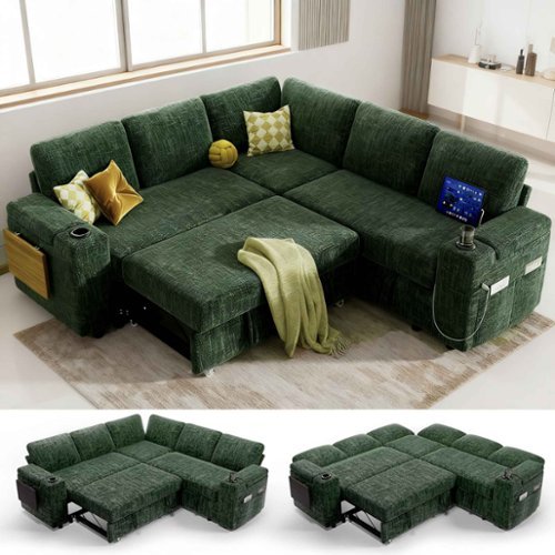 Dyonery - 85" Modular Sectional Sleeper Sofa with Pull Out Bed, 5 Seat L Shaped with Reclining Backrest,Chenille Green - Gray-Front_Standard 