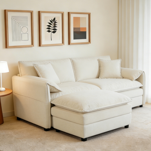 Anysun - Deep-Seat L-Shape Chenille Sectional Sofa with Ottoman - Modern Modular Cloud Couch for Living Room, Apartment & Office. - Beige-Front_Standard 