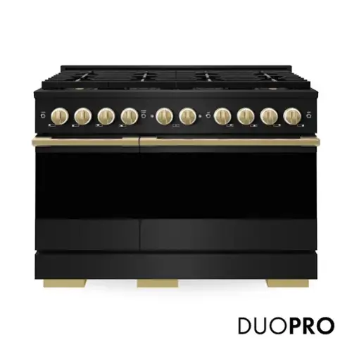 Front. ZLINE - Autograph 48 in. 6.7 cu. ft. Double Oven Marino Freestanding Gas Range with DuoPro Cooktop with Gold Accents - Black Stainless Steel.