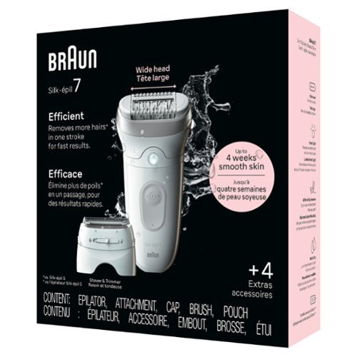 Braun  Silk-épil 7 Epilator, Wet and Dry, Wide Head, Includes Shaver Head and Trimmer Comb - White/Grey/Silver GLOBAL SHIPPING