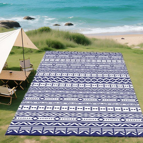 Outsunny - Outdoor Rug for Patio, 9' x 18' Waterproof Large Mat, Reversible Plastic Straw Rug for Décor - Blue and White Geometric Wall-Front_Standard 