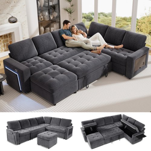 Dyonery - 7-Seat Modular Sectional Sleeper Sofa with Pull-Out Bed, Reclining Backrest, USB Ports, Table, LED Lights,Gray - Gray-Front_Standard 
