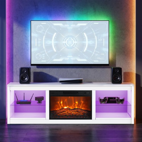 Ihomeadore - 66" TV Stand with 23"Insert Electric Fireplace and Open Storage Shelves Media Console for TVs up to 75" - White-Front_Standard 