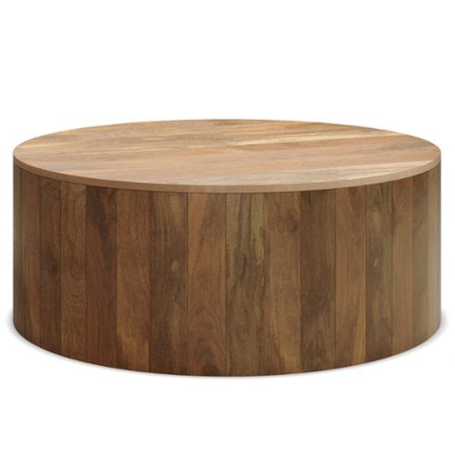 Simpli Home - Millbury solid mango wood 36 inch wide round modern industrial drum coffee table in - Natural