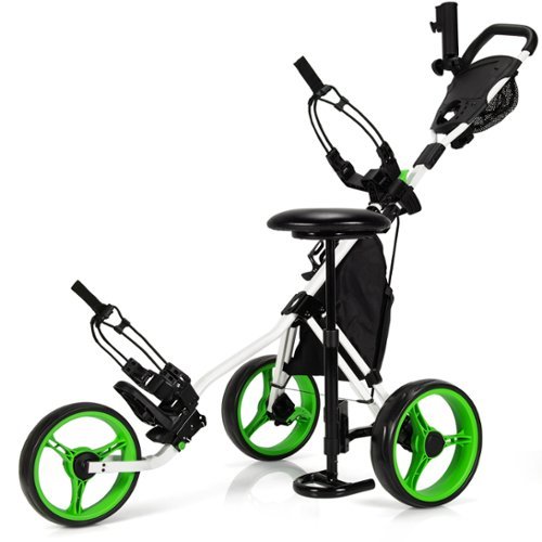 Costway - Folding 3 Wheels Golf Push Cart W/Seat Scoreboard Adjustable Handle - Green-Front_Standard 