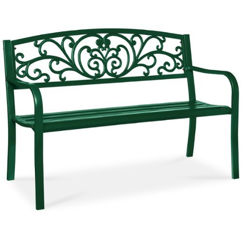 Best Choice Products - Outdoor Steel Bench Garden Patio Porch Furniture w/ Floral Design Backrest - Dark Green-Front_Standard 