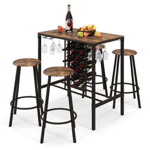 Costway 5PCS Bar Table & Stools Set Industrial Bistro Set with Wine Rack & Glass Holder - Rustic Brown/Black