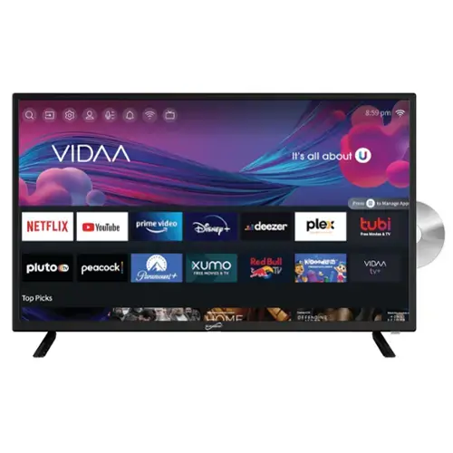 OE 8:59 pm  
VIDAA  
It's all about U  
Press 0 to Manage Apps  

NETFLIX  
YouTube  
prime video  
Disney+  
deezer  
plex  
tubi  
pluto tv  
peacock  
Paramount+  
xumo  
RedBull TV  
KiDood  
VIDAA tv+  

Top Picks  
HOME  
DEFENDING  
ONE SEEhN