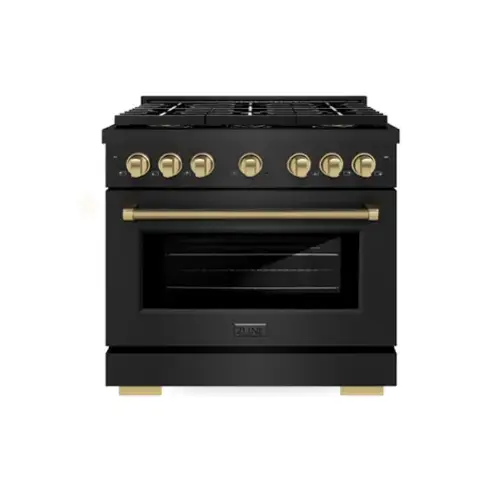 Front. ZLINE - Autograph 36 in. 5.2 Cu. Ft. Freestanding Paramount DuoPro Gas Range in Black Steel with Champagne Bronze Helix Handle - Black Stainless Steel.