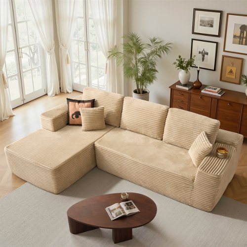 Ovios - 104" Modular Sectional Sofa with Chaise, Modern L Shaped Couch for Living Room - Beige(Plush Corduroy, Left Facing)-Front_Standard 