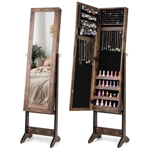 Costway Jewelry Mirrored Cabinet Armoire Organizer Storage Box with Stand Christmas Gift - Brown