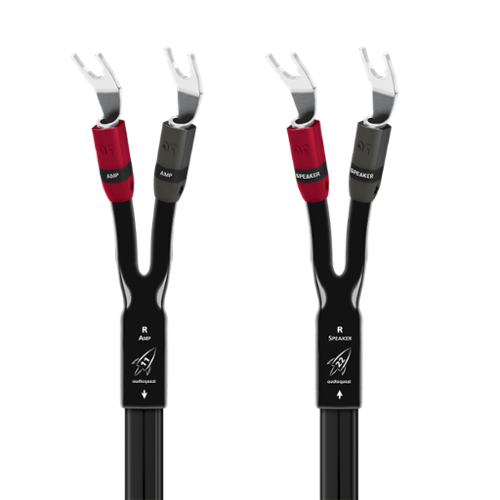 AudioQuest Rocket 11 8' Pair Full-Range In-Wall Rated Speaker Cable w/ SureGrip 100 Multi-Spade > Multi-Spade Connectors - Black & Gray CL3/FT4 PVC Jacket w/ Silver Plugs INTERNATIONAL SHIPPING