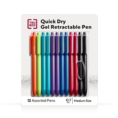 TRU RED - TRU RED™ Retractable Quick Dry Gel Pens, Medium Point, 0.7mm, Assorted, Dozen (TR54501-CC) - Assorted Colors