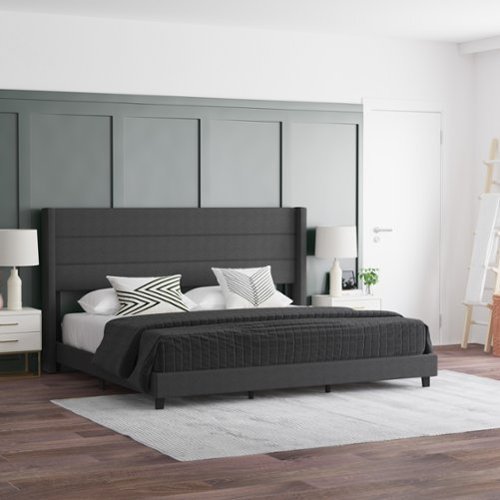 Emma + Oliver - Upholstered Platform Bed with Wingback Headboard - Charcoal-Front_Standard 