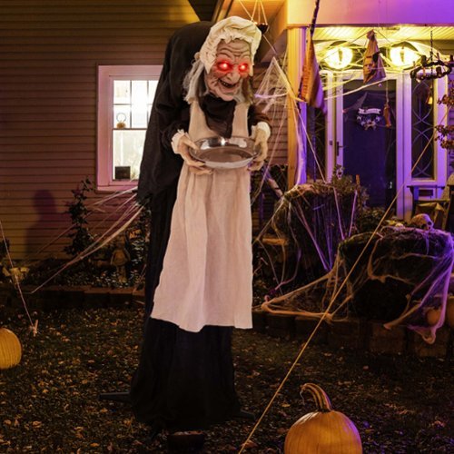 Costway - 5.2 FT Halloween Animated Standing Greeter Old Lady with Candy Dish & LED Eyes - Black/White