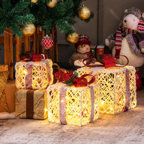 Costway Set of 3 Christmas Lighted Gift Boxes, Indoor Present Box Holiday Decoration - White/Red