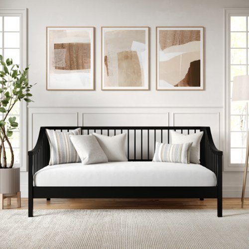 Martha Stewart - Neely Wooden Twin Size Platform Daybed with Spindles and Wood Slat Foundation - Black-Front_Standard 