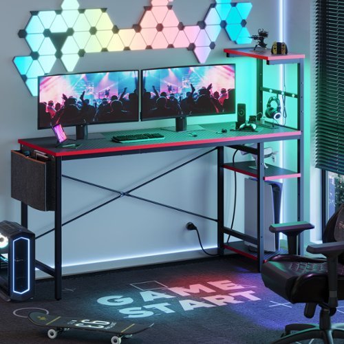 Bestier Gaming Desk with LED Lights, Storage Shelves, and Side Bag - 61" wide - Black