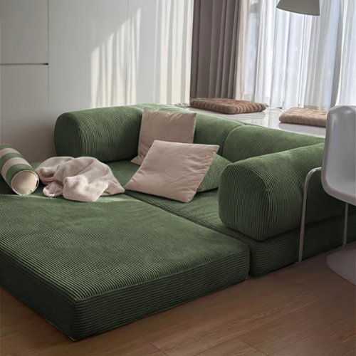 KERDOM - 78 Inch W Sectional Modular Sofa, 3-4 Person Corduroy Sofa Bed Foldable, High Rebound Density Sponge Sofa, Block Couch - Olive Green-Front_Standard 
