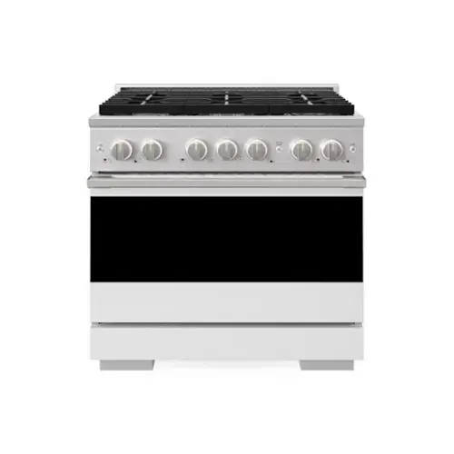 Front. ZLINE - 36 in. 5.2 cu. ft. Marino Freestanding Gas Range with 6 Burner Cooktop and Manual Clean Convection Gas Oven - White Matte.