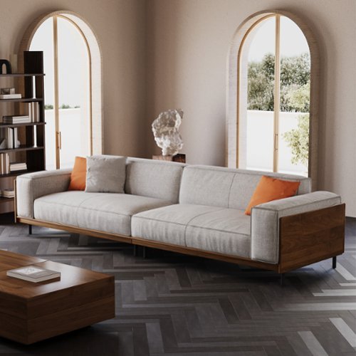 luck idea - 111.81" Cotton-Linen Sofa with Washable Seat Covers & Soft Cushions | 3-Seater Living Room Couch for Home Decor - Gray-Front_Standard 