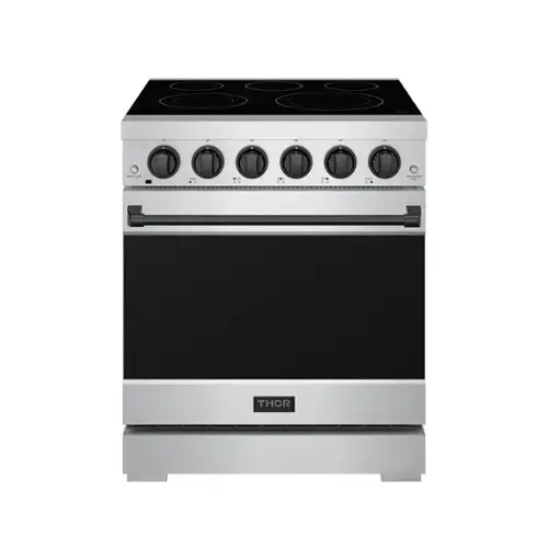 Front. Thor Kitchen - Gordon Ramsay Series by Thor Kitchen 4.55 Cu. Ft Freestanding Electric Range with Black Hardware - Stainless steel.