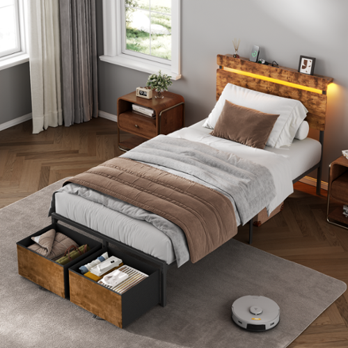 Furnulem - Platform Bed with 2 Drawers and Open Storage Headboard Adjustable LED Light and Charging Station - Brown-Front_Standard 