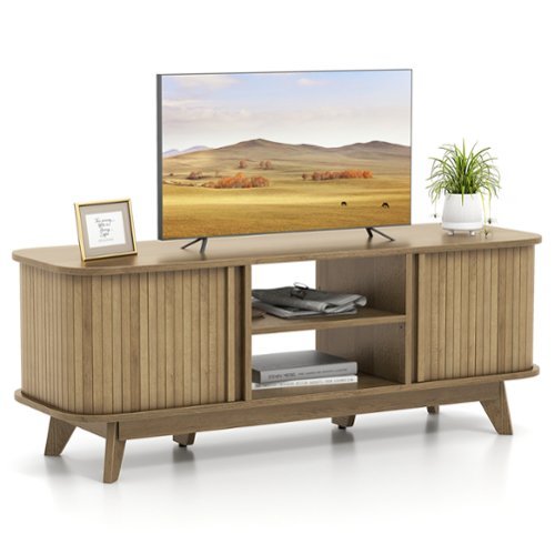 Costway - TV Stand for TV up to 55 Inch Television Cabinet with 2 Open Shelves Sliding Doors - Oak