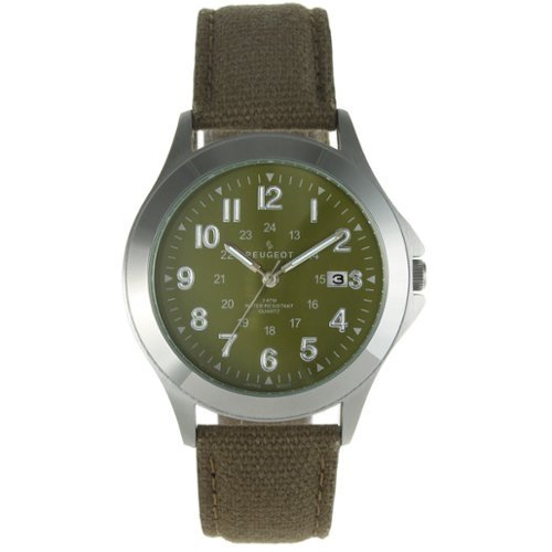 Peugeot - Men 40mm Military Dial Calendar Watch with Canvas Strap - Green-Front_Standard 