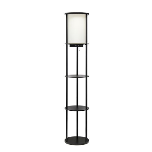 Simple Designs - Round Etagere Storage Floor Lamp with 2 USB, 1 Outlet - Black