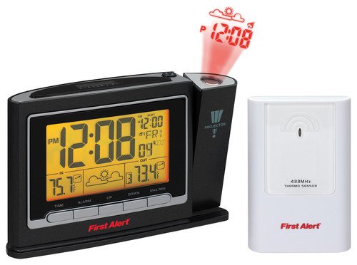  First Alert - Radio-Controlled Weather Station Projection Clock - Black