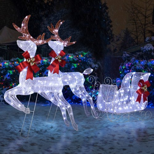 Winado - 3PCS Christmas Pre-Lit Reindeer and Sleigh Weather Proof with LED Lights for Indoor Outdoor Holiday Party Decoration - White-Front_Standard 