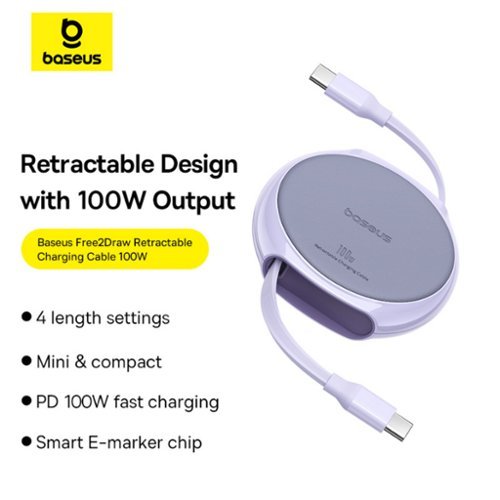 Baseus Free2Pull 100W Retractable USB C Cable with Magnetic Connectors Fast Charging for iPhone Samsung 3.3ft Purple - Purple WHERE TO BUY