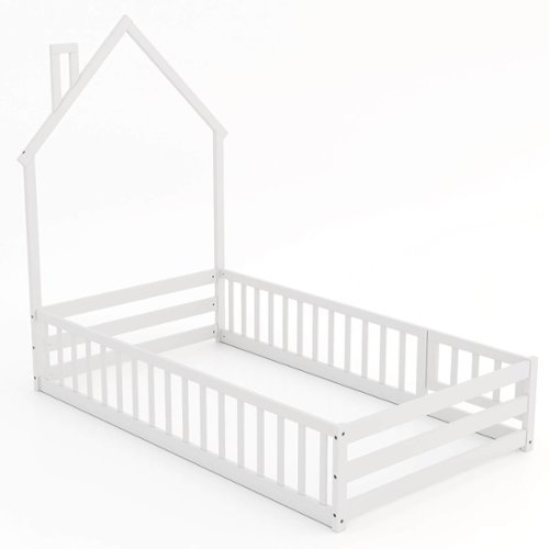 Costway Twin Size Montessori Floor Bed for Toddler with Lockable Door Full-Length Guardrail - White