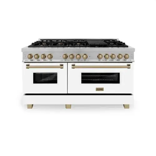 Front. ZLINE - ZLINE Autograph 60 in. Legacy Dual Fuel Range in Satin Steel w/ White & Bronze Accents (RASZ-WM-60-CB) - Stainless steel.