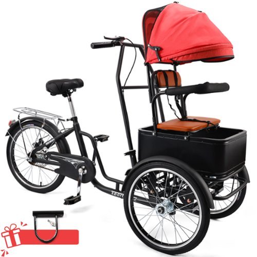 Topteng - 20 inch Adult Tricycle with Removable Sunshade - 3-Wheel Bicycle, 330lb Capacity, Front Seat and Wood Cargo Rack - Black-Front_Standard 