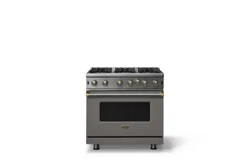 Front. Viking - Professional 5 Series 5.1 Cu. Ft. Freestanding Open Burner LP Gas Convection Range-Damascus Gray w. Brushed Brass Trim - Damascus Gray.
