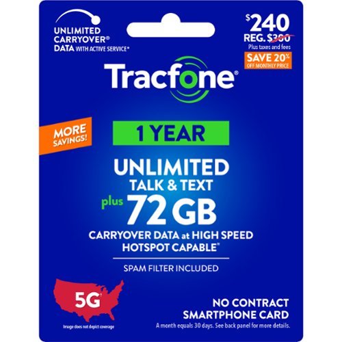 Tracfone - $240 Unlimited Talk & Text plus 72GB of Data 365-Day - Prepaid Plan [Digital]