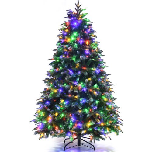 Costway - Pre-Lit Snowy Christmas Hinged Tree 11 Flash Modes w/ 350 Multi-Color Lights - Green/White