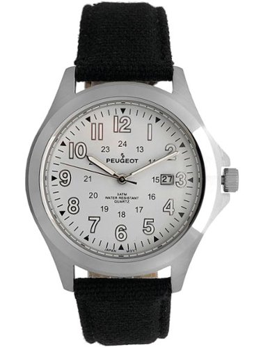 Peugeot - Men 40mm Military Dial Calendar Watch with Canvas Strap - White-Front_Standard 