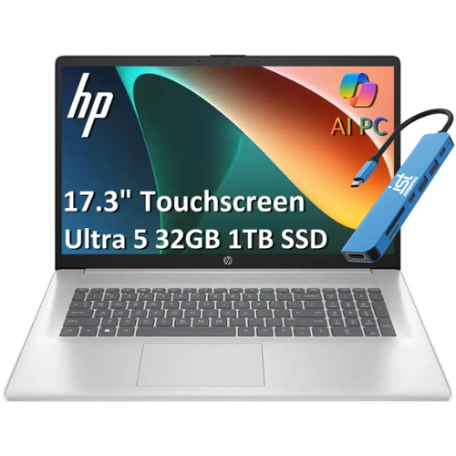 2025 HP 17 Laptop AI PC 17.3" HD+ Touchscreen Laptop Intel Ultra 5 225U - 32GB RAM - 1TB SSD - Windows 11Pro - IST Hub - Silver-Front_Standard 