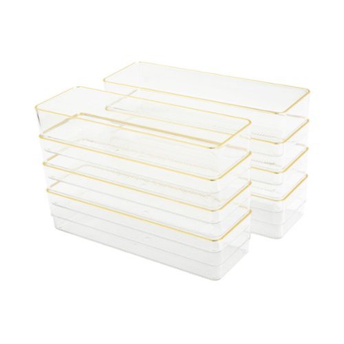Martha Stewart - Kerry Set of 8 Plastic Stacking Desk Drawer Organizers with Gold Trim - 9 x 3 - Clear/Gold Trim