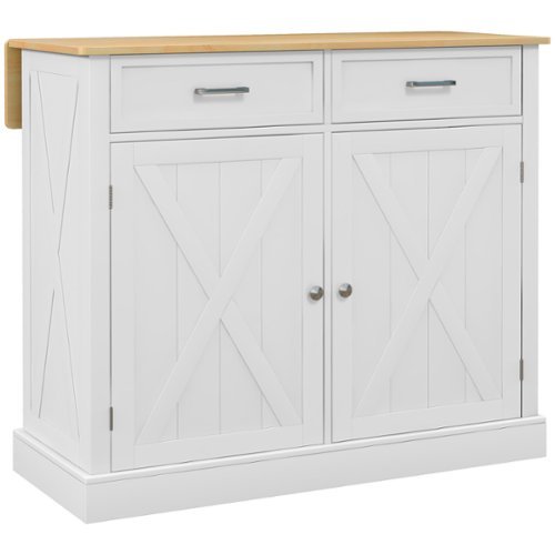 Homcom - Rolling Kitchen Island with Drop Leaf Wood Breakfast Bar, Farmhouse Kitchen Cart with 2 Drawers, Adjustable Shelves - White-Front_Standard 