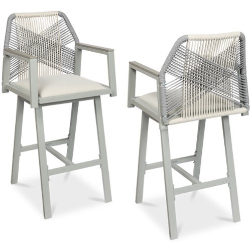 Best Choice Products - Set of 2 Indoor/Outdoor Aluminum, Woven Rope Swivel Barstools w/ Armrests - Gray/Meteor-Front_Standard 