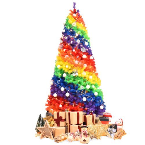 Costway - 7FT Artificial Hinged Colorful Rainbow Full Fir Christmas Tree with 1213 Tips - Multicolor