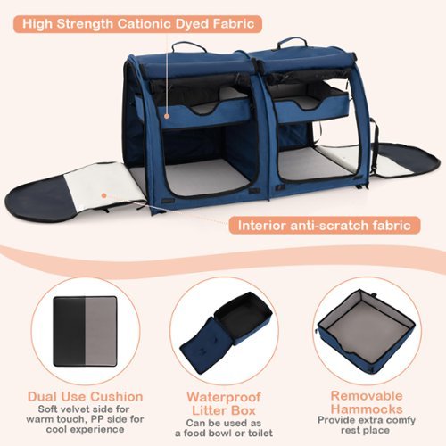 Costway Portable Pet Carrier Kennel Cat Dog Crate Twin Compartments w/ Mats Litter Box - Navy Blue HOW TO BUY